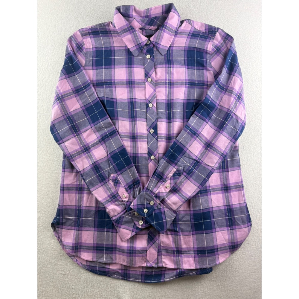 Talbots Womens Purple Pink Plaid Metallic Button Down Shirt Size M New
